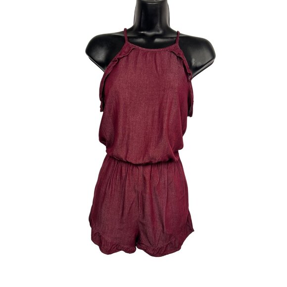 Women's Burgundy Halter Neck Shorts Romper, Elastic Waist, Size M - Picture 1 of 15